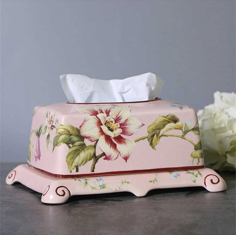 T004 Antique Porcelain Rectangular Tissue Box Cover Ceramic Pink Flower Hard Tissue Paper Case Dispenser Tissue