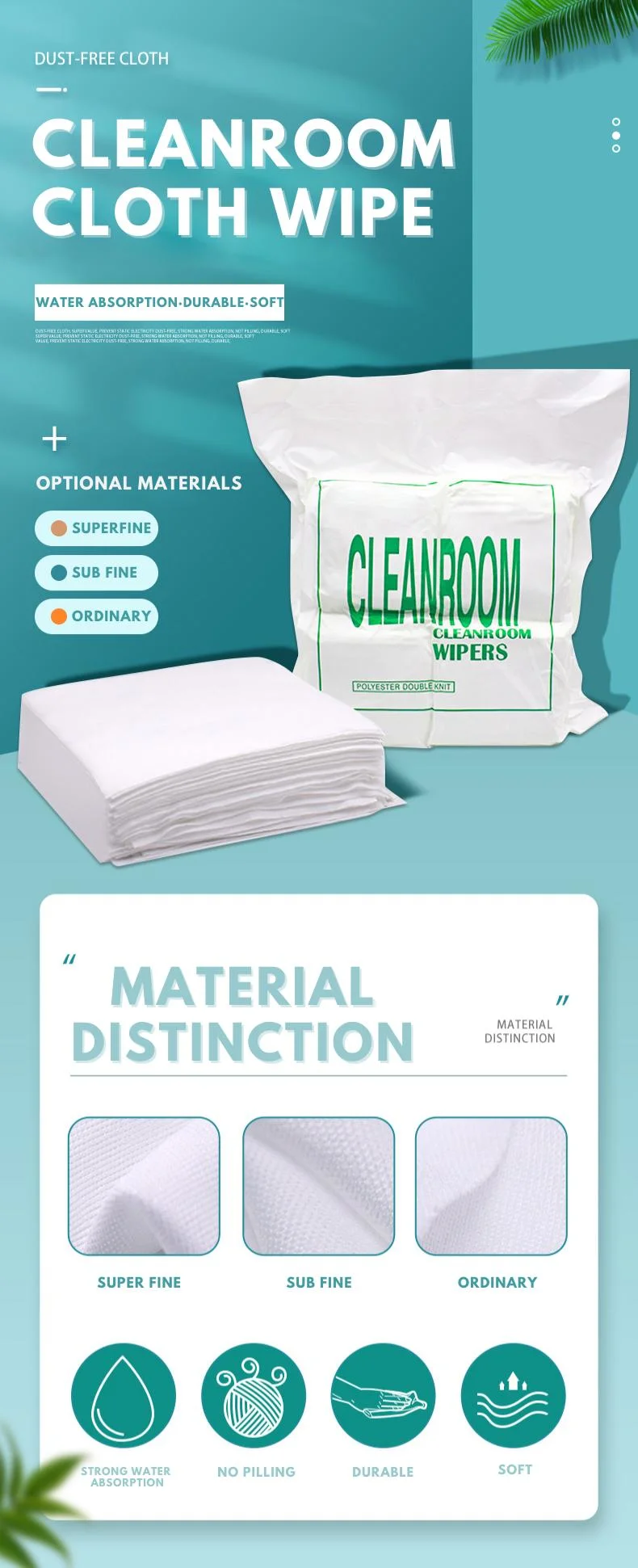 Industrial Cleanroom Wipers Cloth 100% Polyester Nonwoven Wipes