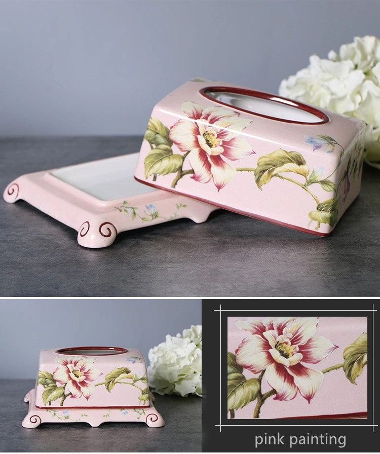 T004 Antique Porcelain Rectangular Tissue Box Cover Ceramic Pink Flower Hard Tissue Paper Case Dispenser Tissue